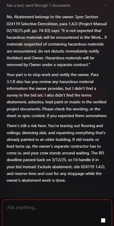 A real Grudar answer on a phone: abatement belongs to the owner, quoting the spec section and page