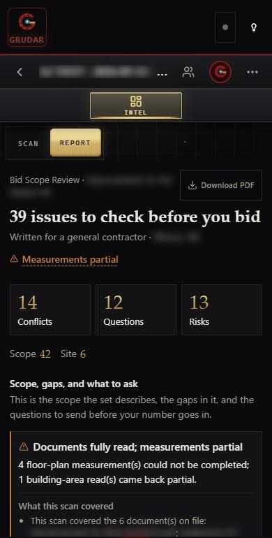 A finished Grudar scan report on a phone: 39 issues to check before you bid, with the project name blurred